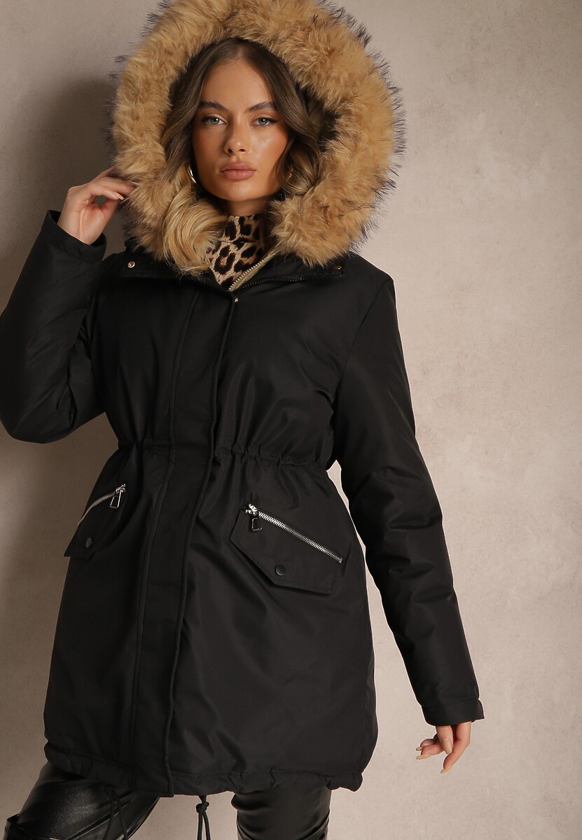 Zielona Kurtka Parka Ściągana w Talii z Podwójnym Suwakiem i Kapturem z Futrem Edrieth