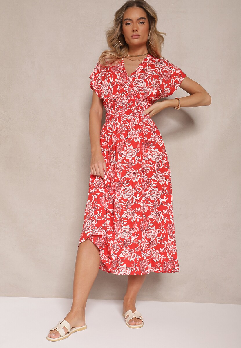Czerwona Sukienka z Bawełną i Kopertowym Dekoltem w Kwiaty Ldivisa