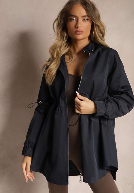 Granatowa Kurtka Parka Ściagana w Pasie Troczkami z Kapturem Evisanale