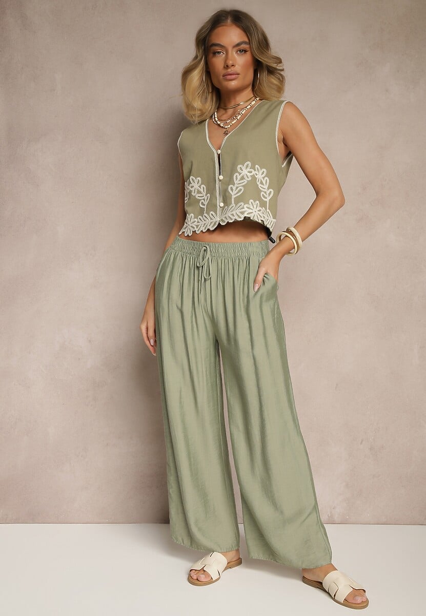 Jasnozielone Spodnie z Wiskozy High Waist o Szerokim Kroju Divlise