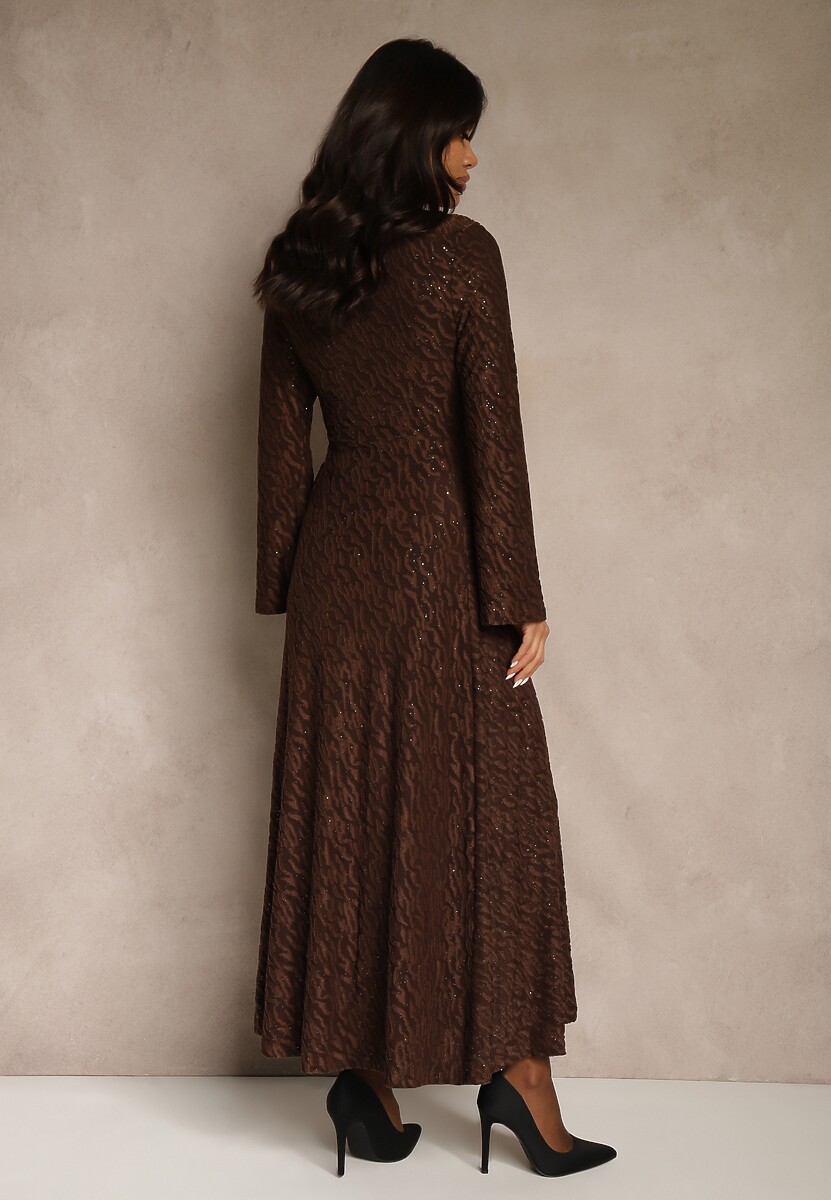 Brązowa Rozkloszowana Sukienka Longsleeve w Zebrę Zdobiona Brokatem Mevilisa