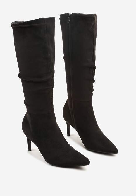 Czarne Marszczone Kozaki z Imitacji Zamszu na Obcasie Typu Szpilka Rilavira