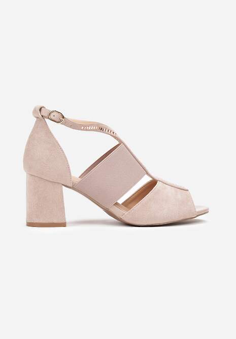 Beżowe Sandały Peep Toe z Ozdobnym Paskiem z Cyrkoniami Keile