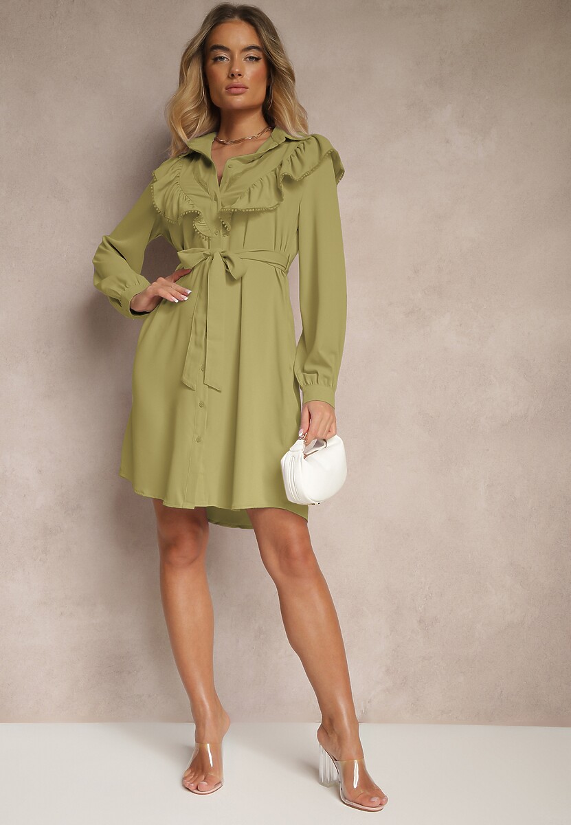 Zielona Rozkloszowana Sukienka Koszulowa z Falbankami i Koronką Naik