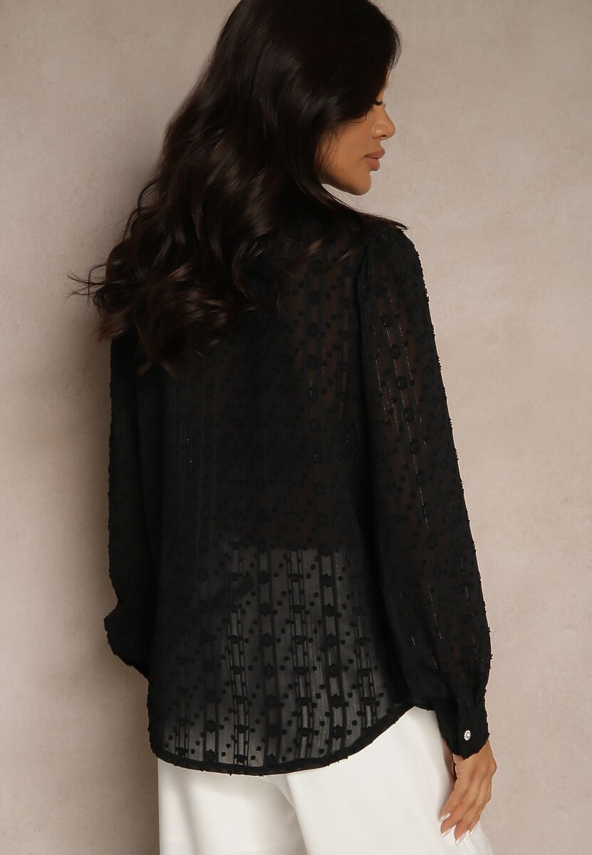 Czarna Koszula z Transparentnej Tkaniny z Koronką i Metalicznymi Przeszyciami Sepuria