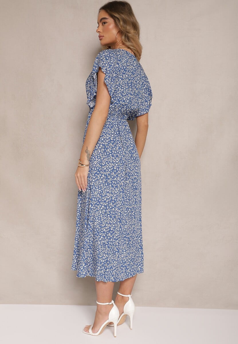 Niebieska Rozkloszowana Sukienka z Bawełny z Gumką w Pasie w Drobne Kwiaty Pulinea