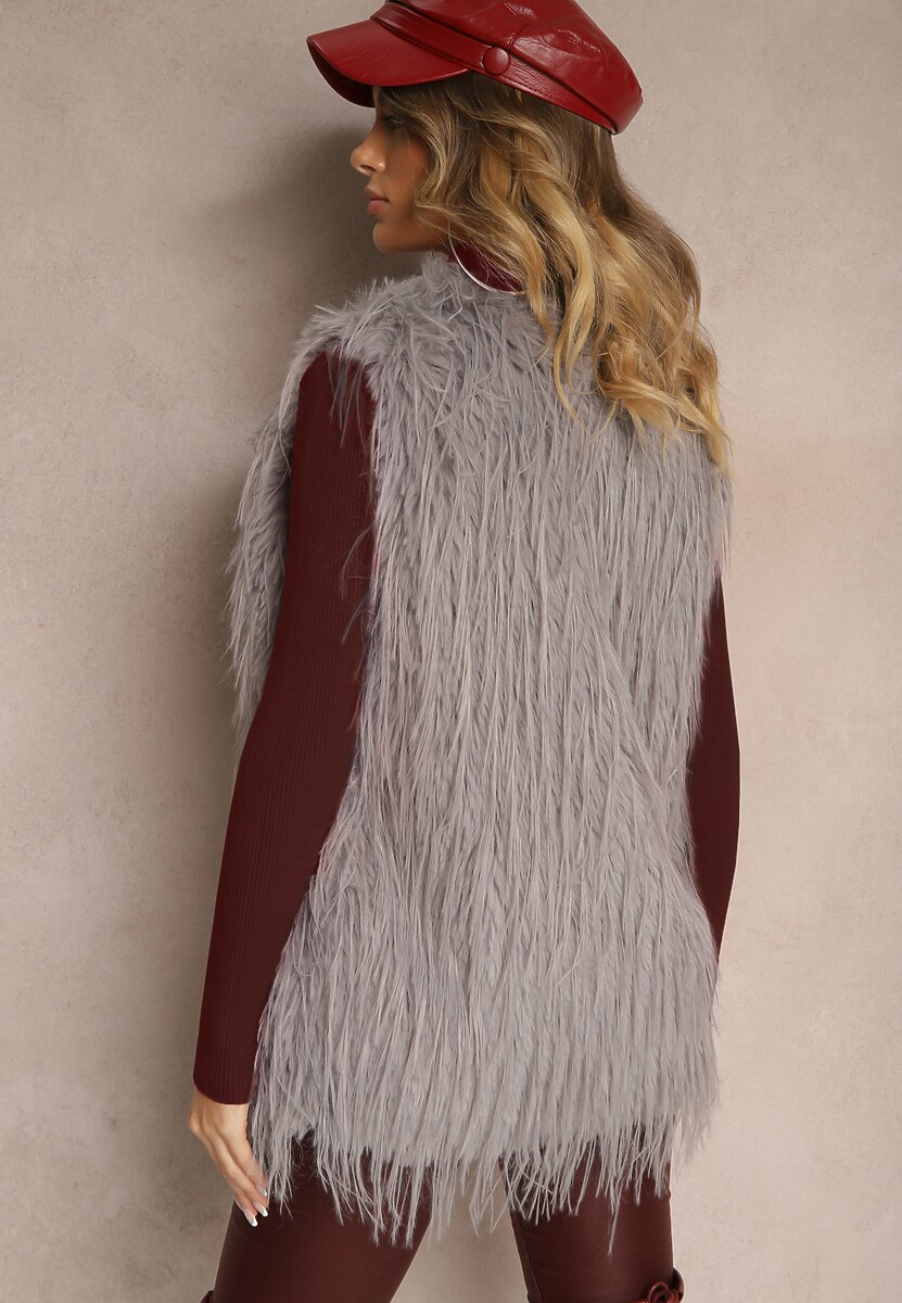 Szara Futerkowa Kamizelka o Prostym Kroju z Kieszeniami Venialith