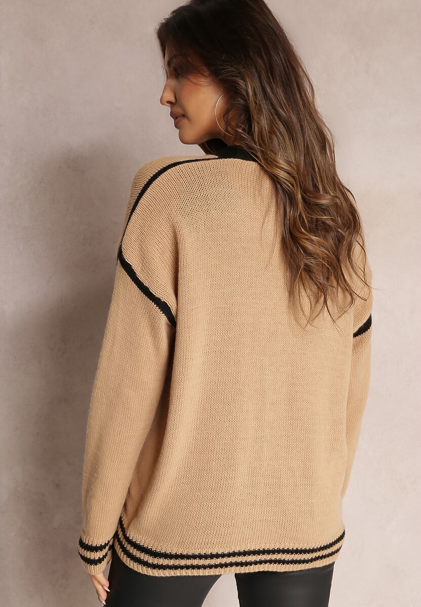 Ciemnobeżowy Kardigan z Metalicznymi Guzikami i Ozdobnymi Lamówkami Abovza