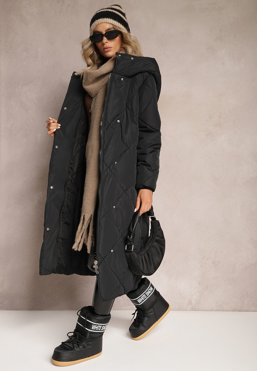 Czarna Pikowana Kurtka Płaszcz za Kolano z Kapturem Kinassan