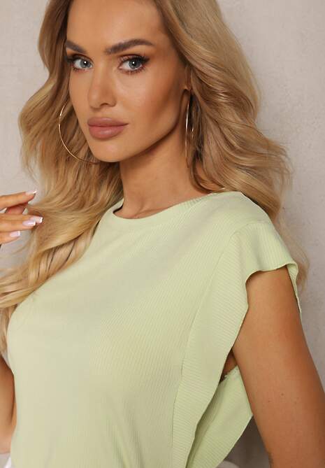 Jasnozielony Top z Wiskozy z Falbanką przy Rękawach Tialora