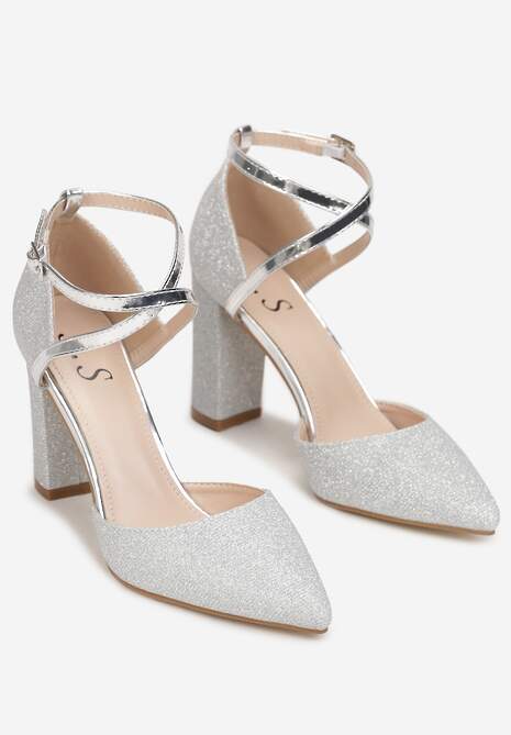 Srebrne Brokatowe Czółenka na Słupkowym Obcasie ze Szpiczastym Noskiem Soumaya