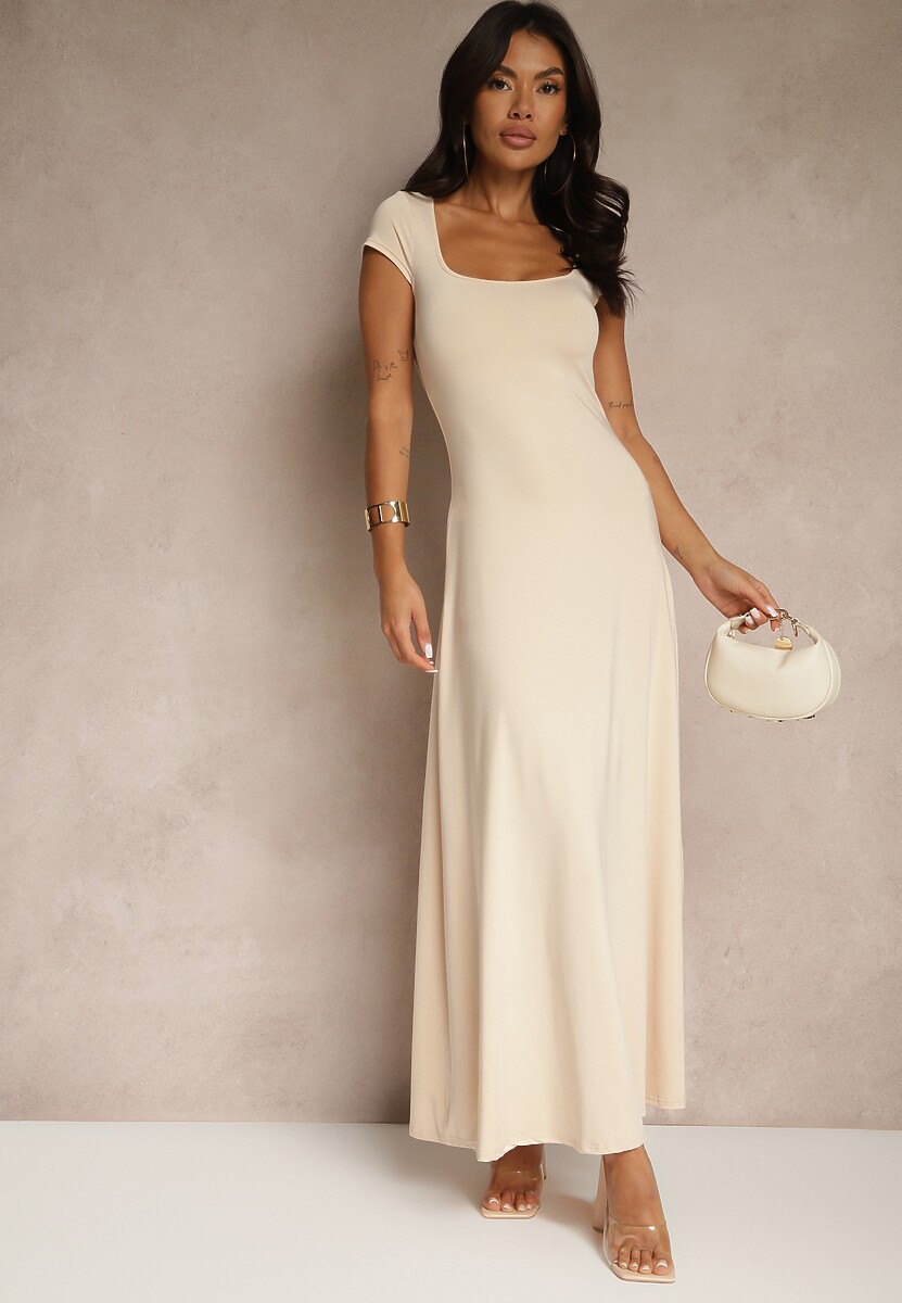 Jasnobeżowa Rozkloszowana Sukienka z Wiskozą z Kwadratowym Dekoltem Nalorina