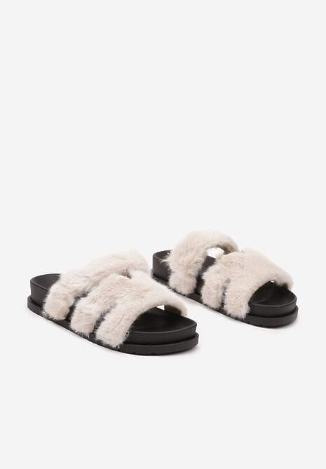 Beżowe Futrzane Klapki na Podeszwie z Pianki Balinea