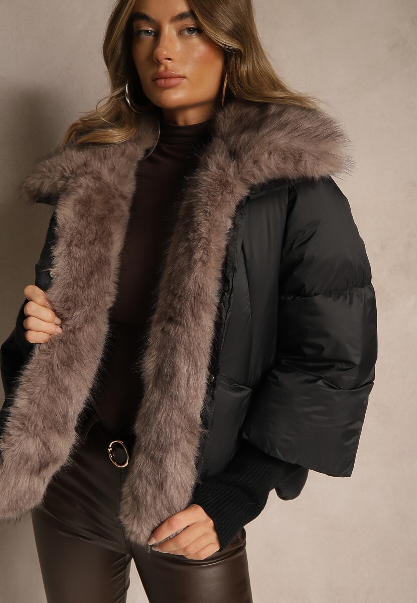 Czarna Pikowana Kurtka Zimowa z Futrem przy Kołnierzu i Ściągaczami Tildena