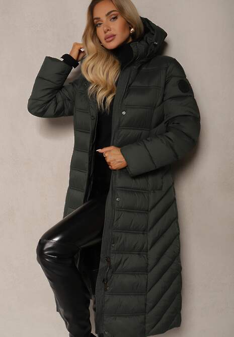Ciemnozielona Długa Kurtka z Pikowanymi Przeszyciami i Kapturem z Możliwością Odpięcia Realithra