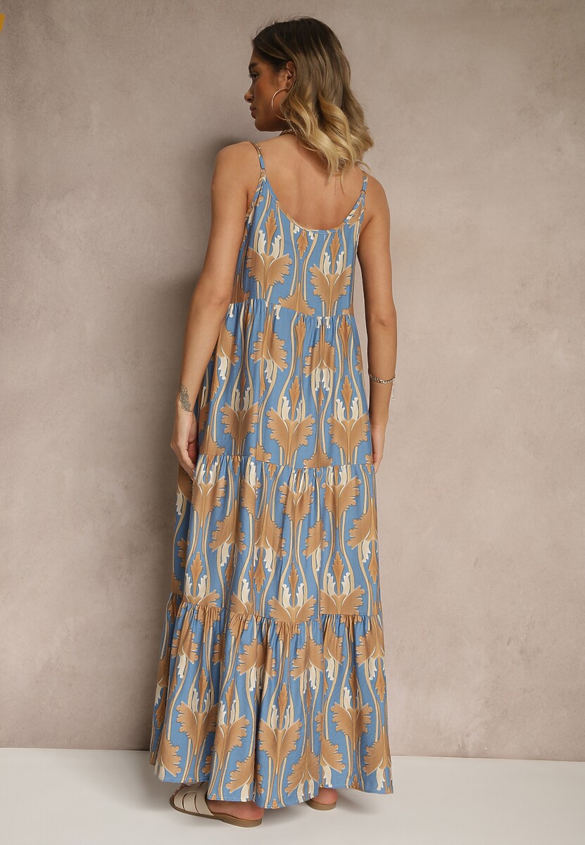 Niebiesko-Beżowa Sukienka w Stylu Boho z Cienkimi Regulowanymi Ramiączkami Tosena