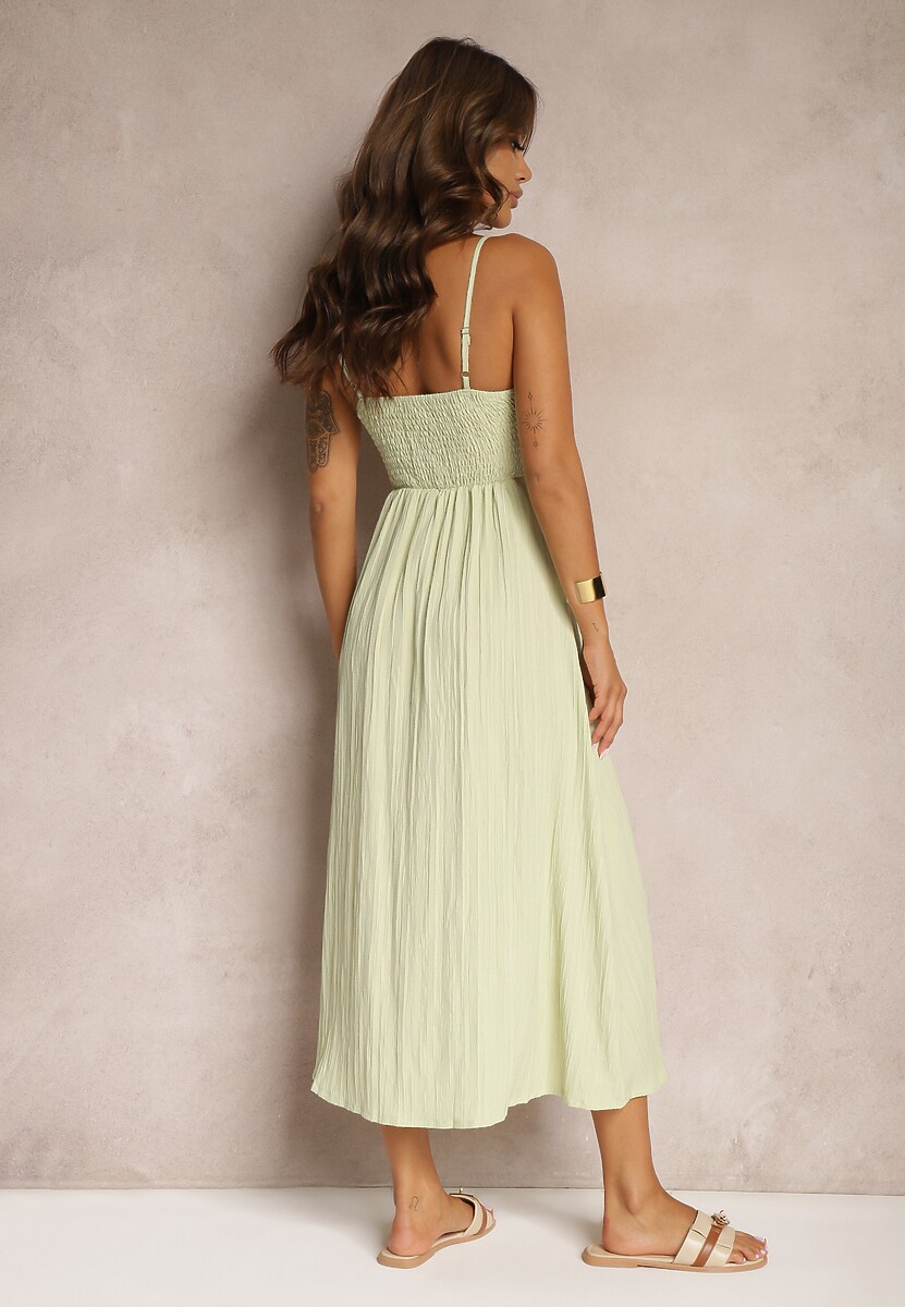 Zielona Taliowana Sukienka na Guziki na Ramiączkach z Regulacją Quafea