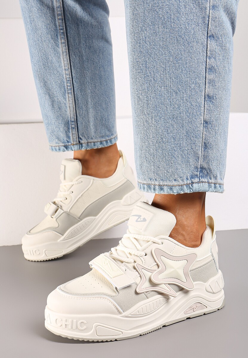 Beżowo-Szare Sneakersy na Platformie z Grubymi Sznurowadłami i Zapięciem na Rzep Arlaia