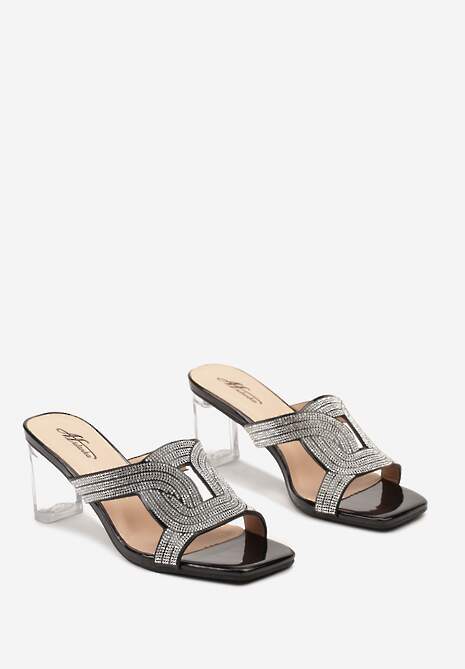 Czarne Klapki z Transparentnym Słupkiem i Cyrkoniami Valmara