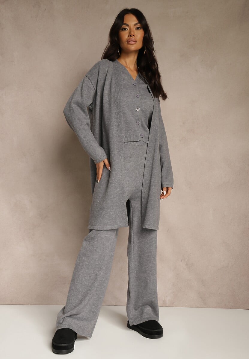 Szary Komplet z Dzianiny z Wełną Długi Kardigan Kamizelka i Spodnie Netivia
