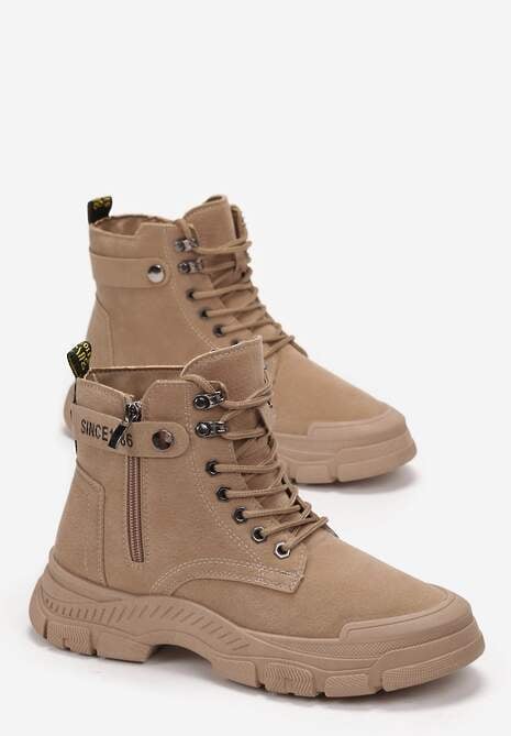 Ciemnobeżowe Sznurowane Botki Traperki na Grubej Podeszwie Trewenna