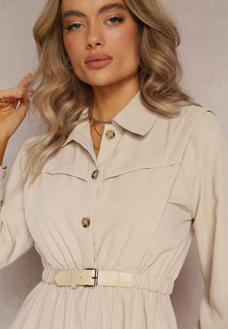 Beżowa Koszulowa Sukienka z Gumką w Talii i Paskiem z Klamerką Jenele