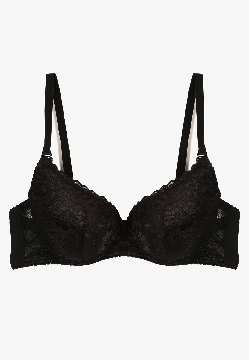 Czarny Koronkowy Biustonosz z Kwiatowym Motywem Nelamis