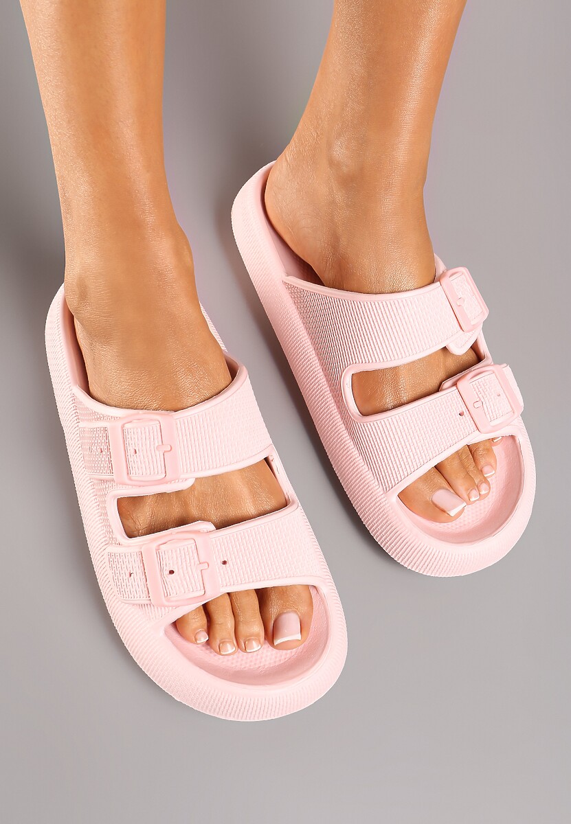 Jasnoróżowe Klapki na Płaskiej Podeszwie z Pianki Wykończone Paskami z Regulacją Nelsiana
