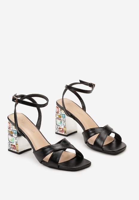 Czarne Sandały z Ekoskóry na Słupku z Kolorowymi Kryształkami i Sprzączką Kardila
