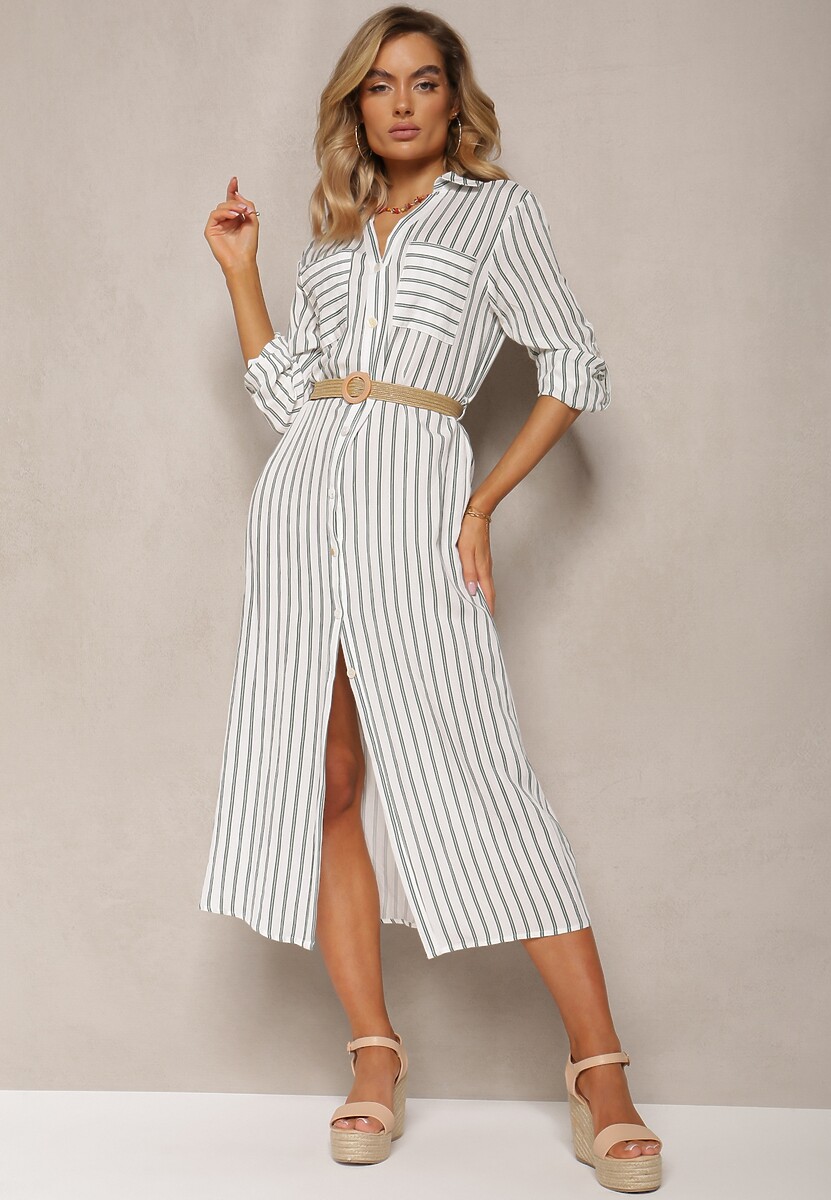 Biało-Zielona Koszulowa Sukienka Midi w Paski z Lnem i Plecionym Paskiem Efordia