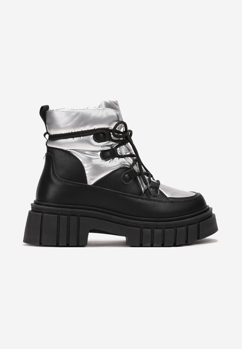 Czarno-Srebrne Sznurowane Śniegowce na Masywnej Podeszwie Pervenna