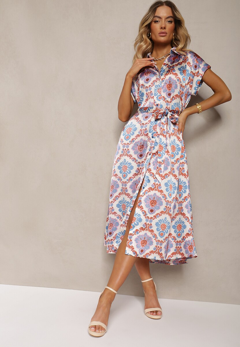 Niebiesko-Różowa Rozkloszowana Sukienka Boho z Wiskozą o Koszulowym Kroju Ozdobiona Paskiem Josofia