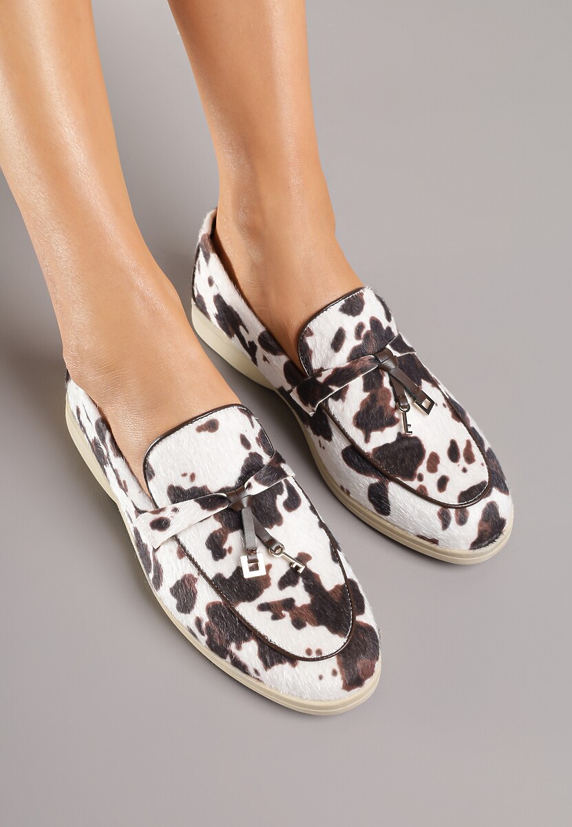 Brązowo-Białe Klasyczne Mokasyny z Imitacją Włosia Deorielis
