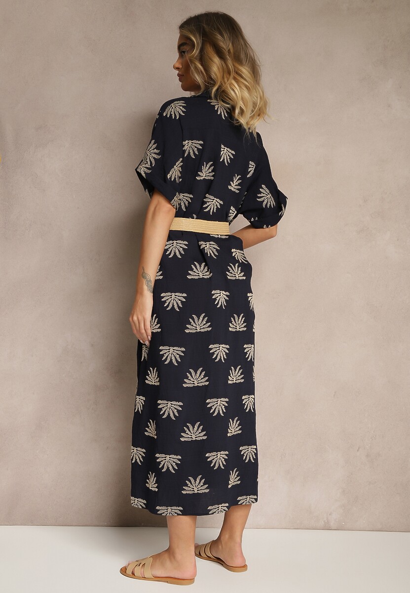 Granatowa Wiskozowa Sukienka o Koszulowym Kroju z Haftem i Paskiem z Klamrą Lioessa