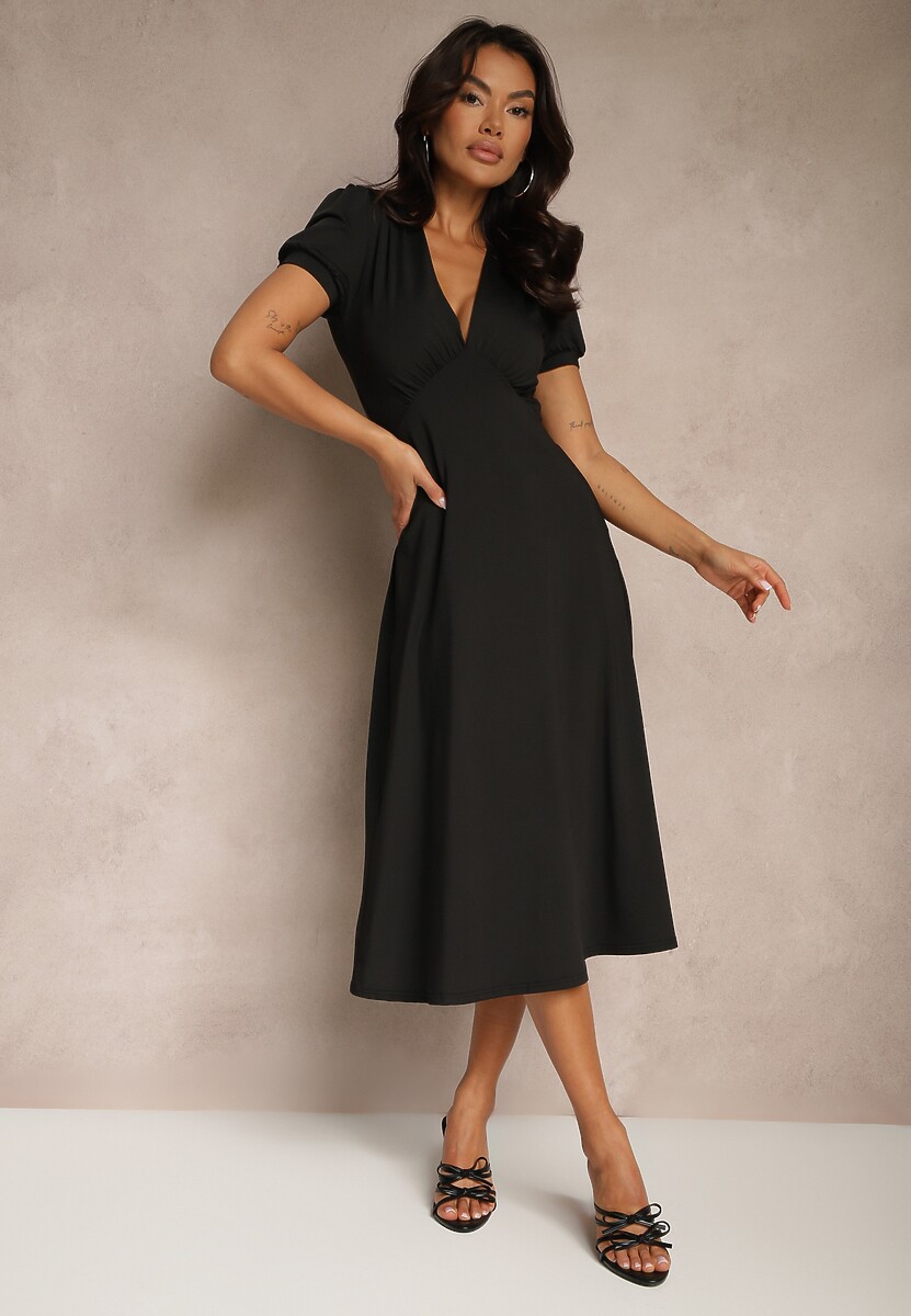 Brązowa Rozkloszowana Sukienka z Wiskozą Koktajlowa z Poduszkami w Ramionach Mimiza