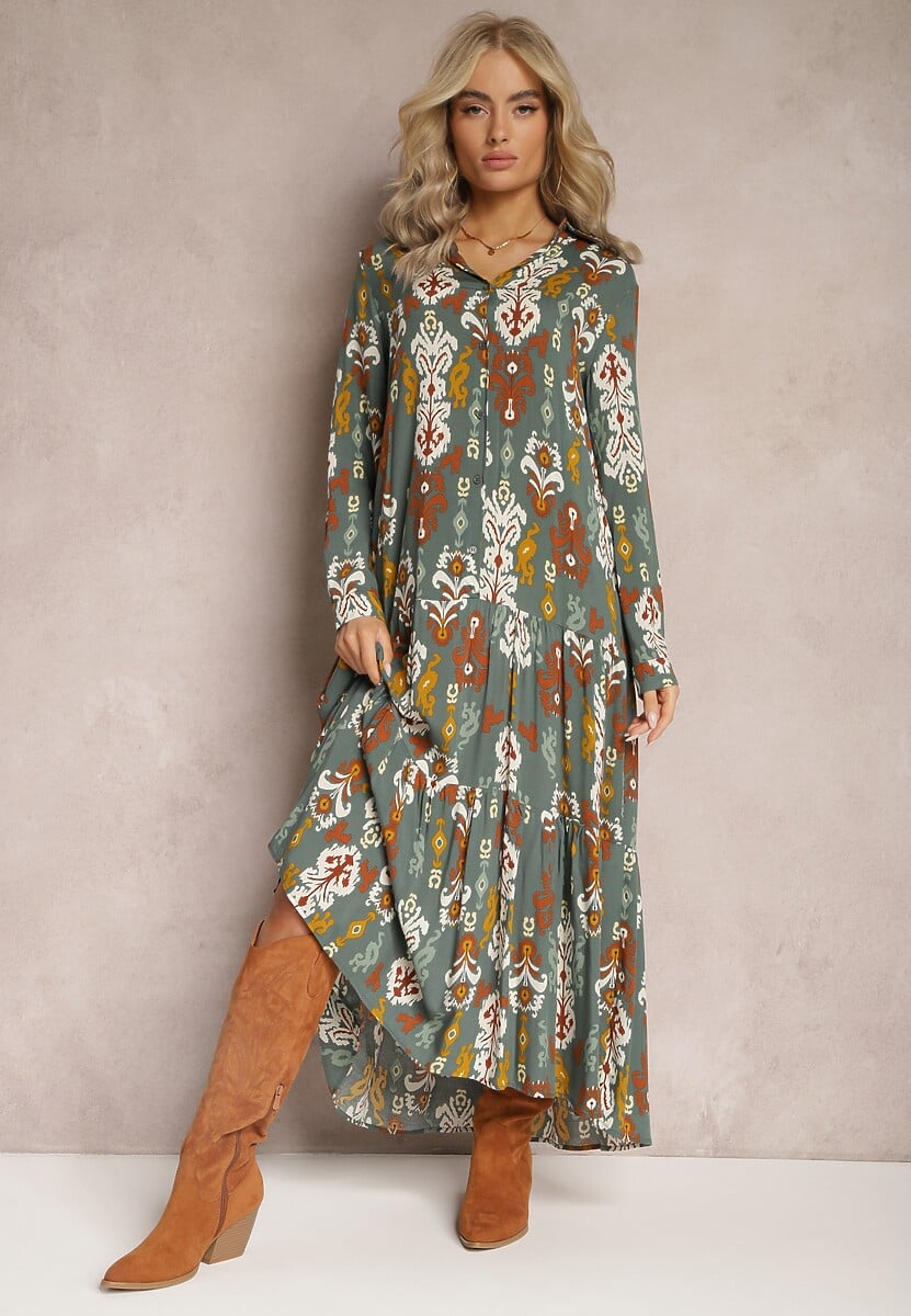 Ciemnozielona Sukienka Koszulowa Rozkloszowana Zjarrta