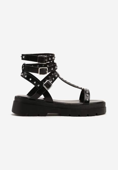 Czarne Sandały Rzymianki z Ozdobnymi Nitami Orrave
