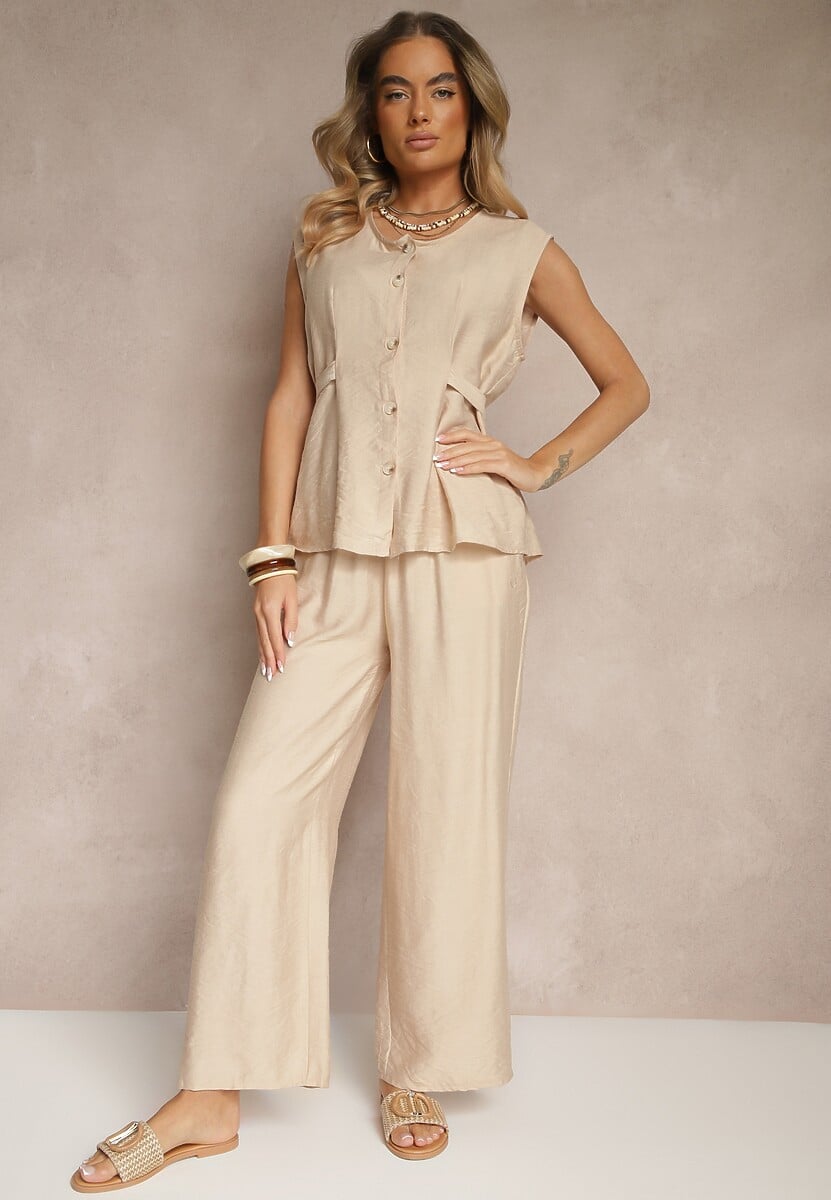 Jasnobeżowy Komplet Spodnie i Bluzka z Regulacją w Talii Zapinana na Guziki Dovanelle