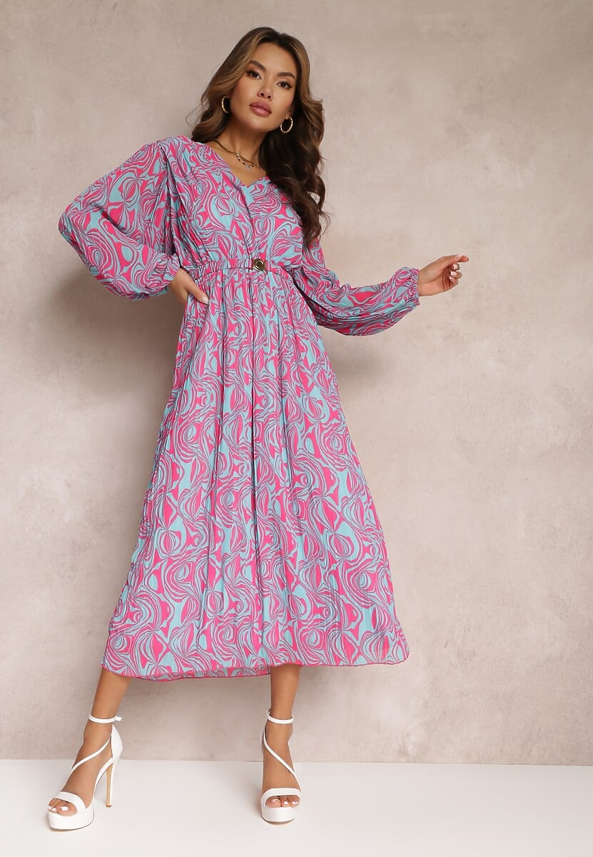 Niebieska Plisowana Sukienka Maxi z Gumką w Pasie i Materiałowym Paskiem Yuritza