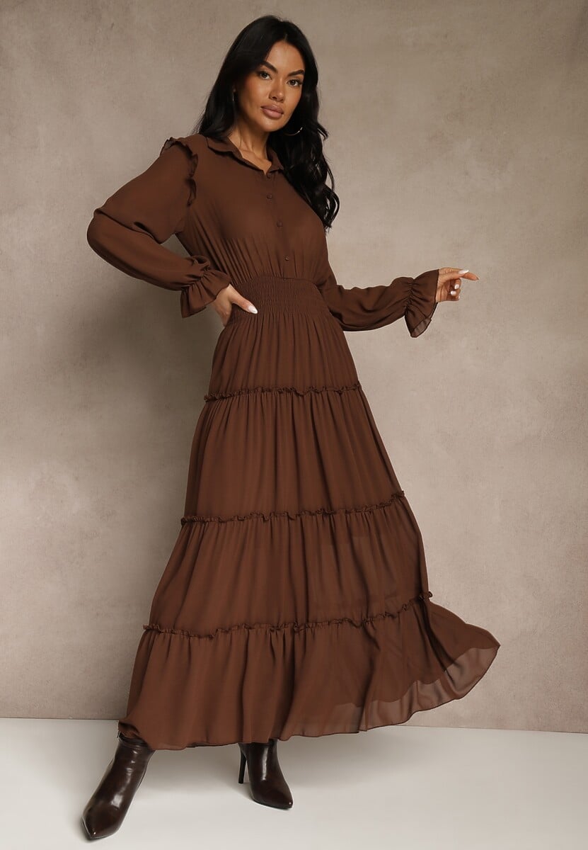 Brązowa Sukienka VICES Koszulowa z Falbaną w Rustykalnym Stylu Arivite