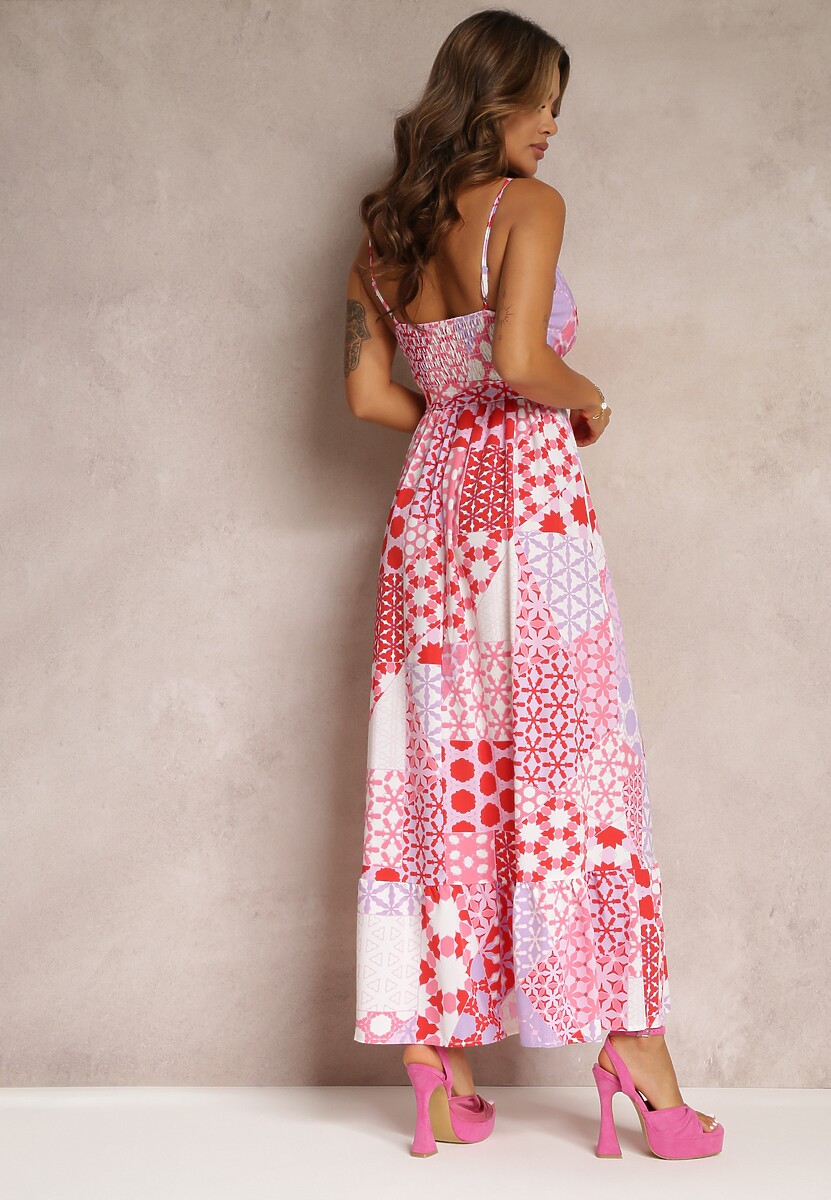 Różowa Rozkloszowana Sukienka Maxi na Ramiączkach Aadane