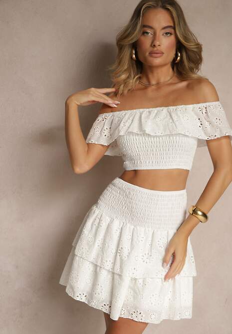 Biały Bawełniany Komplet 2-Częściowy Ażurowy Top Typu Hiszpanka Spódnica z Gumką w Talii Mavima
