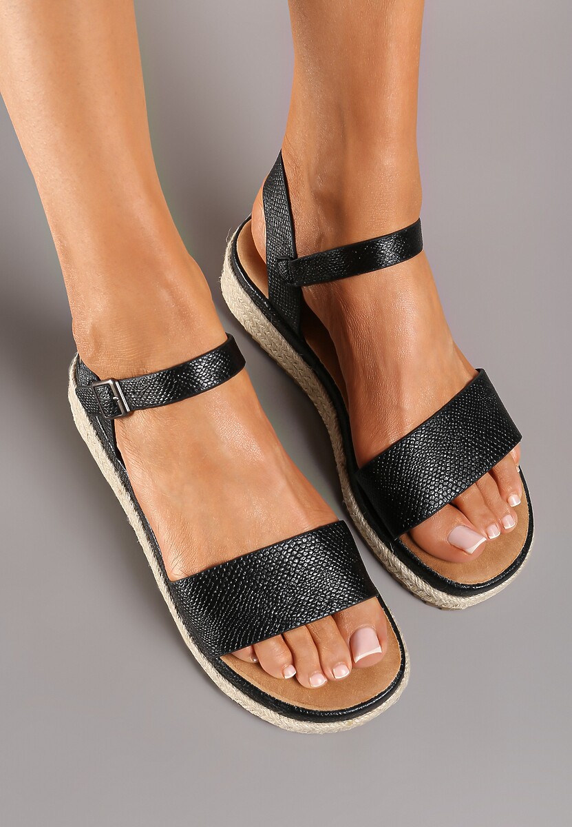 Czarne Płaskie Sandały z Plecionką z Ekoskóry Zapinane wokół Kostki Testrina
