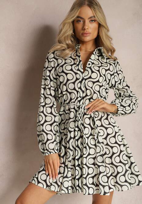 Beżowo-Czarna Koszulowa Sukienka z Bawełny z Geometrycznym Wzorem Vearil