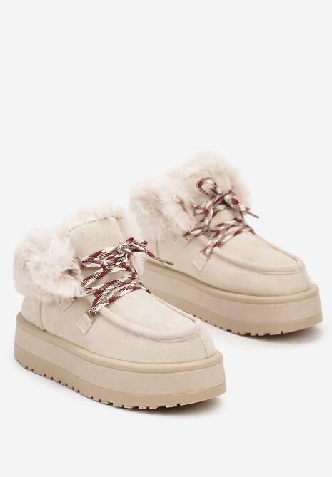 Beżowe Sznurowane Śniegowce na Platformie Ocieplone Futerkiem Liatheine