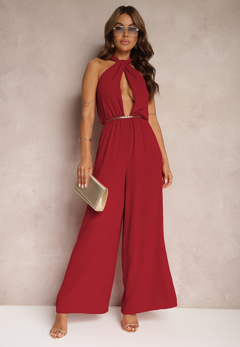 Beżowy Taliowany Kombinezon ze Ściągaczem w Talii i Wiązaniem przy Szyi Rivasiris