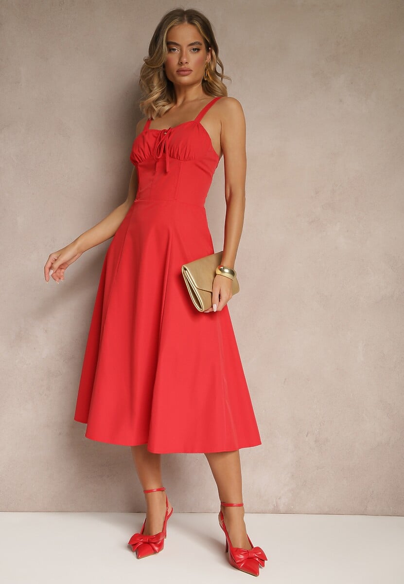 Czerwona Koktajlowa Sukienka Gorsetowa Vices z Rozkloszowanym Dołem Kolinnea