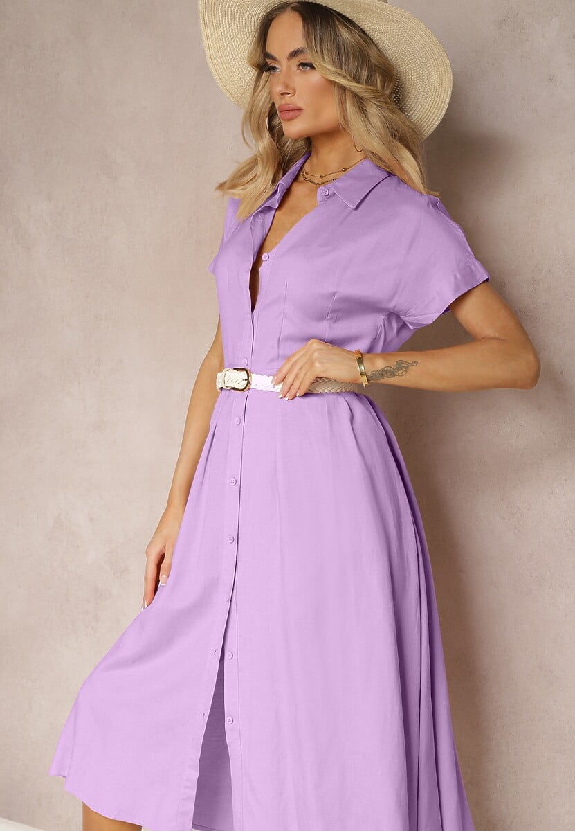 Fioletowa Sukienka Koszulowa z Lnem i Wiskozą Jucilla