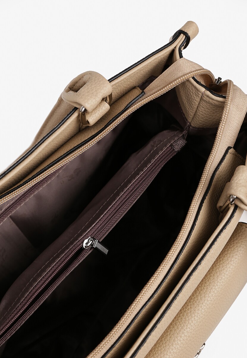 Ciemnobeżowa Prostokątna Torebka z Kieszenią na Zewnątrz i Paskiem Tirseki