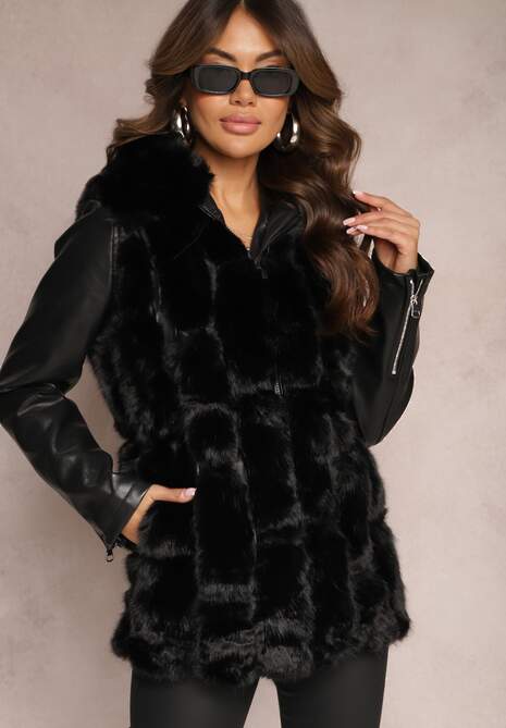 Czarna Futrzana Kamizelka z Kapturem Konessa